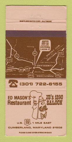 Matchbook Cover - Ed Mason's Restaurant JB's 1890 Saloon Cumberland MD 30 Strike