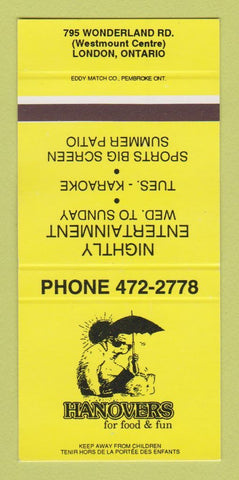 Matchbook Cover - Hanovers Restaurant London ON SAMPLE 30 Strike