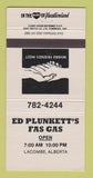 Matchbook Cover - Ed Plunkett's Fas Gas Lacombe AB 30 Strike