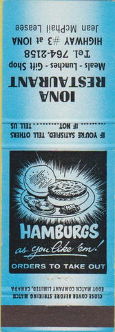 Matchbook Cover - Iona Restaurant ON Canada
