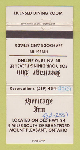 Matchbook Cover - Heritage Inn Mount Pleasant ON WRITING 30 Strike