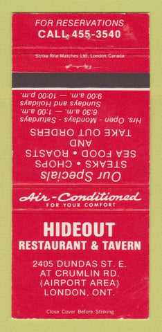 Matchbook Cover - Hideout Restaurant London ON 30 Strike