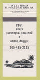 Matchbook Cover - Hilltop House Vero Beach Fort Pierce FL 30 Strike