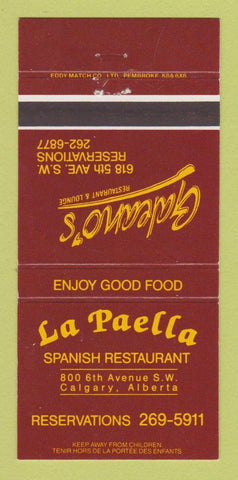 Matchbook Cover - La Paella Spanish Restaurant Calgary AB Galeano's 30 Strike