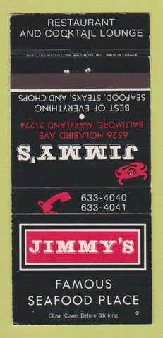 Matchbook Cover - Jimmy's Seafood Place Baltimore MD 30 Strike