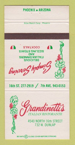 Matchbook Cover - Grandinetti's Italian Restaurant Phoenix AZ 30 Strike