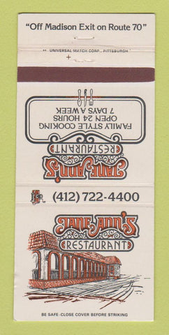 Matchbook Cover - Jane Ann's Restaurant Pittsburgh? PA 30 Strike