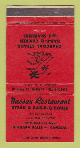 Matchbook Cover - Nassau Restaurant Niagara Falls ON WORN 30 Strike