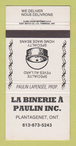 Matchbook Cover - La Binerie A Paulin Restaurant Plantagenet ON 30 Strike