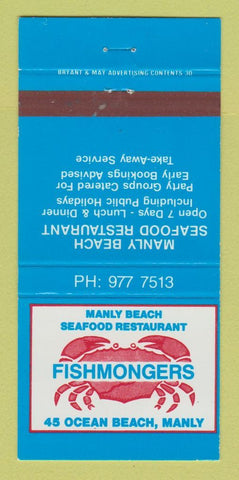 Matchbook Cover - Fishmongers Restaurant Manly Australia crab 30 Strike