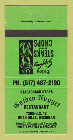 Matchbook Cover - Golden Nugget Restaurant Irish Hills MI GREEN 30 Strike