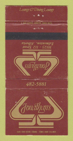 Matchbook Cover - Jonathans Restaurant Edmonton AB WORN 30 Strike