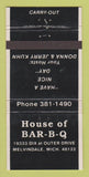 Matchbook Cover - House of BBQ Melvindale MI WEAR 30 Strike