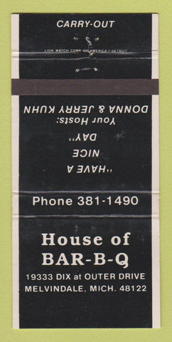 Matchbook Cover - House of BBQ Melvindale MI WEAR 30 Strike