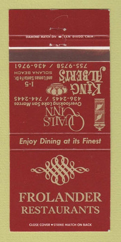 Matchbook Cover - Frolander Restaurants Solana Beach CA 30 Strike