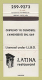Matchbook Cover - Latina Restaurant Toronto ON WEAR 30 Strike