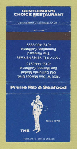 Matchbook Cover Gentleman's Choice Restaurant San Marcos Escondido CA 30 Strike