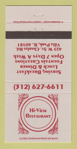 Matchbook Cover - Hi View Restaurant Villa Park IL 30 Strike