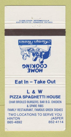 Matchbook Cover - L & W Pizza Spaghetti House Jasper Hinton AB 30 Strike