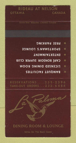 Matchbook Cover - La Paloma Restaurant Ottawa ON SAMPLE 30 Strike