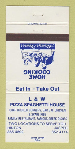 Matchbook Cover - L & W Pizza Spaghetti House Jasper Hinton AB 30 Strike