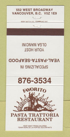 Matchbook Cover - Favorito Pasta Trattoria Restaurant Vancouver BC 30 Strike