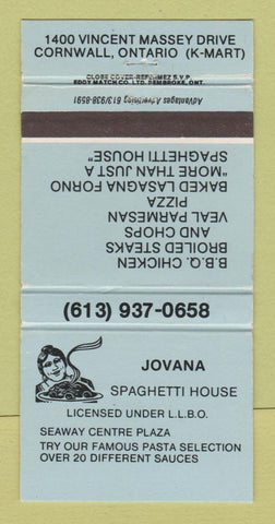 Matchbook Cover - Jovana Spaghetti House Cornwall ON BLUE 30 Strike