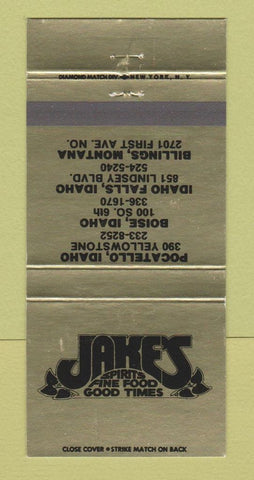 Matchbook Cover Jake's Restaurant Pocatello Idaho Falls ID Billings MT 30 Strike