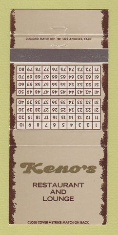 Matchbook Cover - Keno's Restaurant Lounge Tustin Anaheim CA WEAR 30 Strike