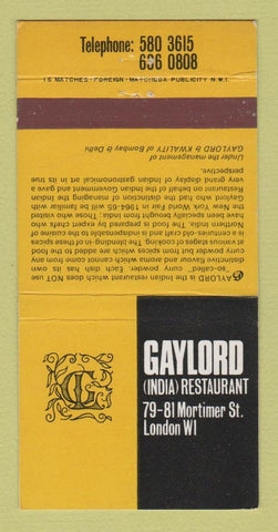 Matchbook Cover - Gaylord Indian Restaurant London UK England 30 Strike