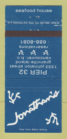Matchbook Cover - Jonathan's Restaurant Vancouver BC WEAR 30 Strike
