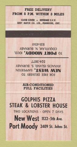 Matchbook Cover - Golphis Pizza Steak Lobster House Burnaby BC 30 Strike