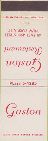 Matchbook Cover - Gaston Restaurant New York City NY