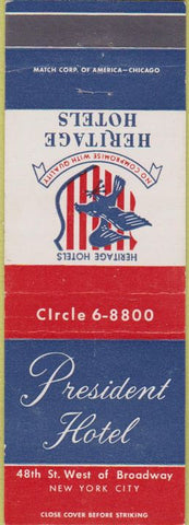 Matchbook Cover - President Hotel New York City NY