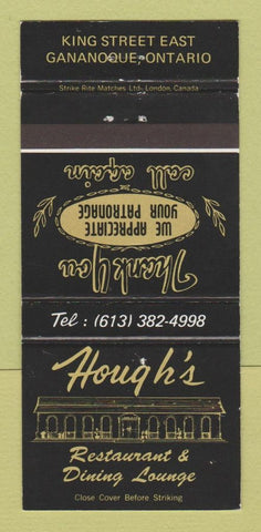 Matchbook Cover - Hough's Restaurant Gananoque ON 30 Strike