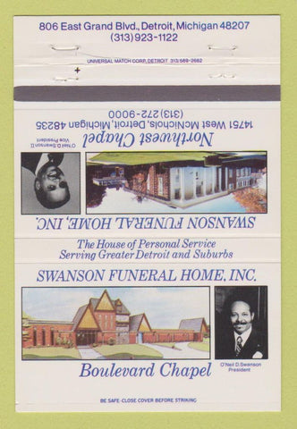 Matchbook Cover - Swanson Funeral Home Detroit MI 40 Strike