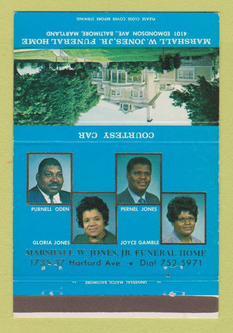 Matchbook Cover - Marshall W Jones Jr Funeral Home Baltimore MD 40 Strike