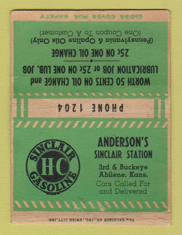 Matchbook Cover - Sinclair oil gas Anderson's Abilene KS BOBTAIL 40 Strike