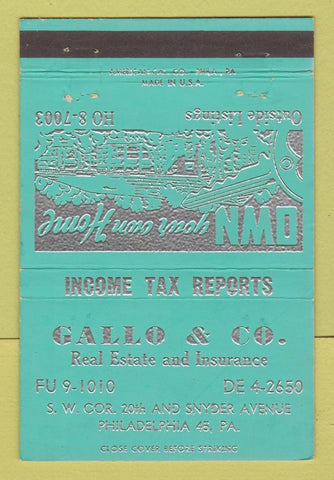 Matchbook Cover - Gallo Real Estate Insurance Philadelphia PA TEAL 40 Strike