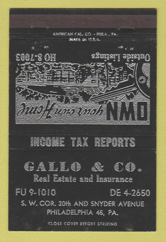 Matchbook Cover - Gallo Real Estate Insurance Philadelphia PA BLACK 40 Strike