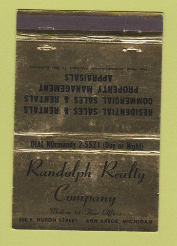 Matchbook Cover - Randolph Real Estate Ann Arbor MI WEAR GOLD 40 Strike