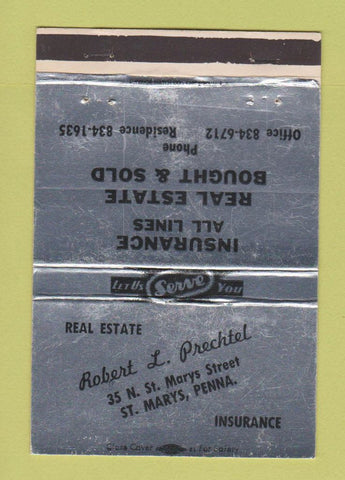 Matchbook Cover - Robert Prechtel Real Estate St Marys PA WEAR 40 Strike