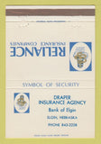 Matchbook Cover - Reliance Insurance Draper Agency Bank of Elgin NE 40 Strike
