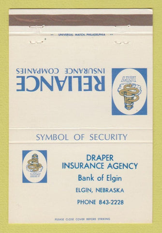 Matchbook Cover - Reliance Insurance Draper Agency Bank of Elgin NE 40 Strike