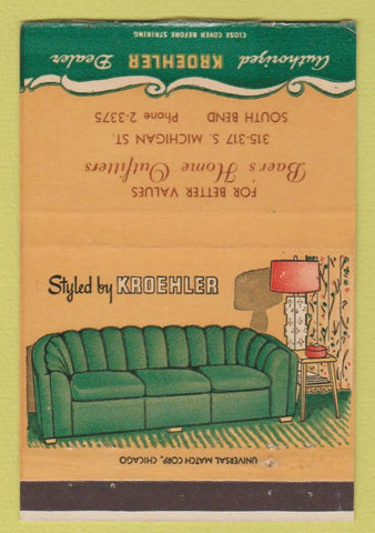 Matchbook Cover - Kroehler Furniture South Bend IN Baer's 40 Strike