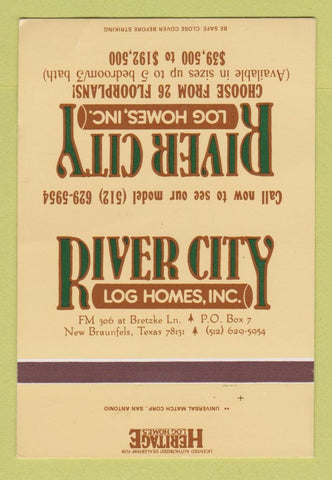 Matchbook Cover - River City Log Homes New Braunfels TX SAMPLE WEAR 40 Strike