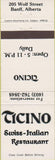 Matchbook Cover - Ticino Swiss Italian Restaurant Banff AB Canada