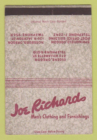 Matchbook Cover - Joe Richards Men's Clothes Eugene Roseburg OR 40 Strike