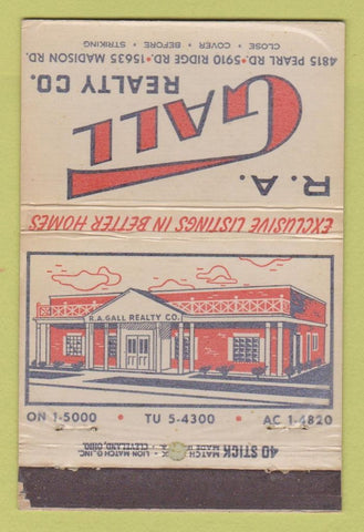 Matchbook Cover - RA Gall Real Estate Cleveland OH WORN 40 Stick