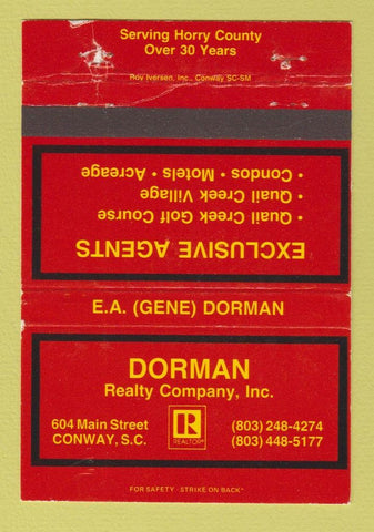 Matchbook Cover - Dorman Real Estate Conway SC WORN 40 Strike